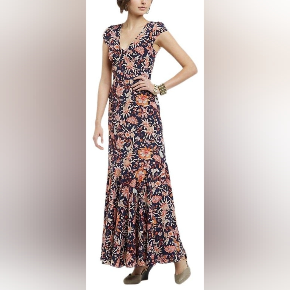 Anthropologie Navy Maxi Dress with Coral Floral Motif